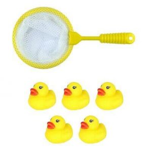Pack Of 5 Rubber Ducks With Net Bath Time Fun Toys Plays Fishing Yellow Toy Play